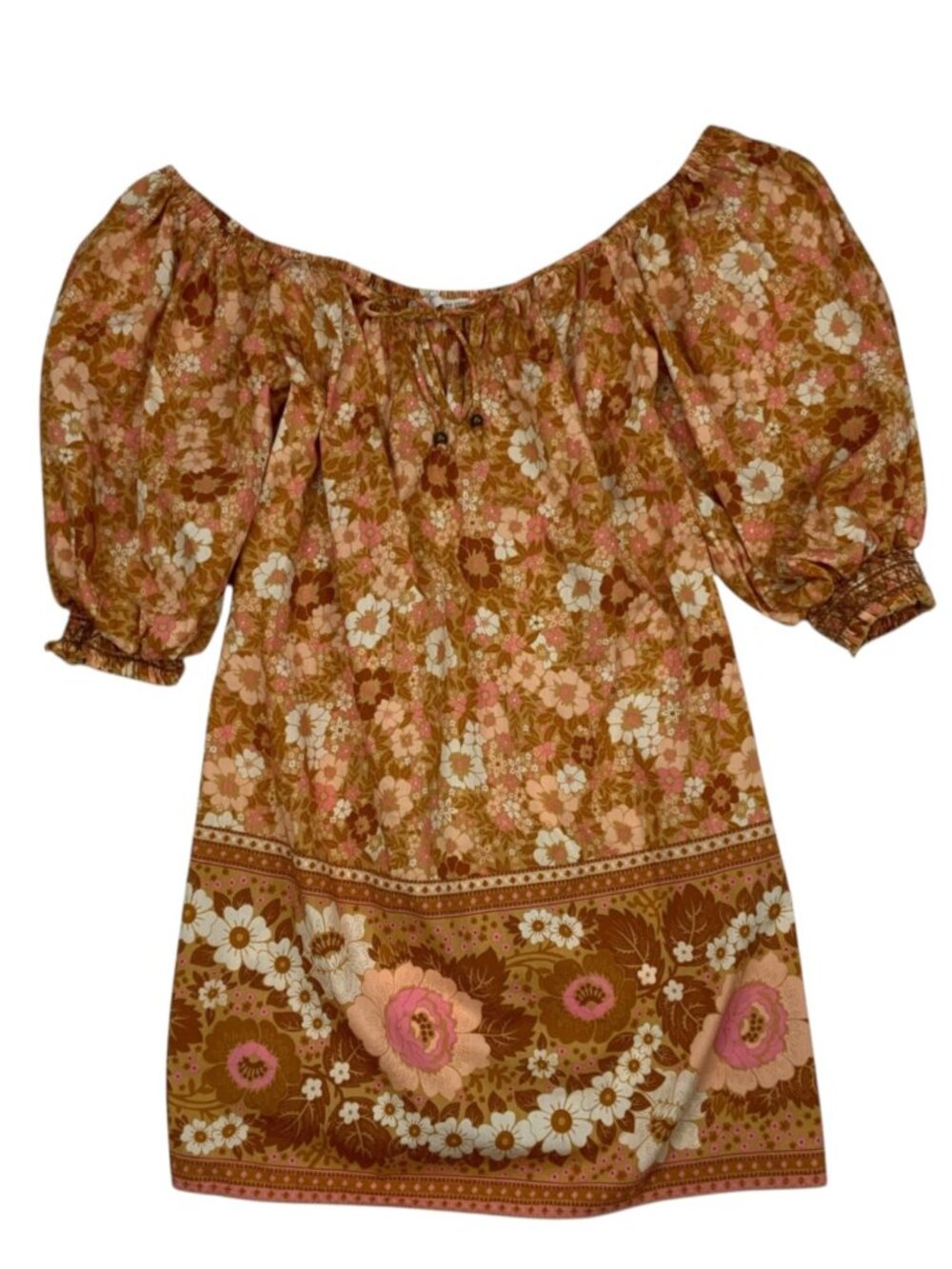 Spell and The Gypsy Anne Tunic Dress M Tan Floral Mini Off The Shoulder - Picture 15 of 16
